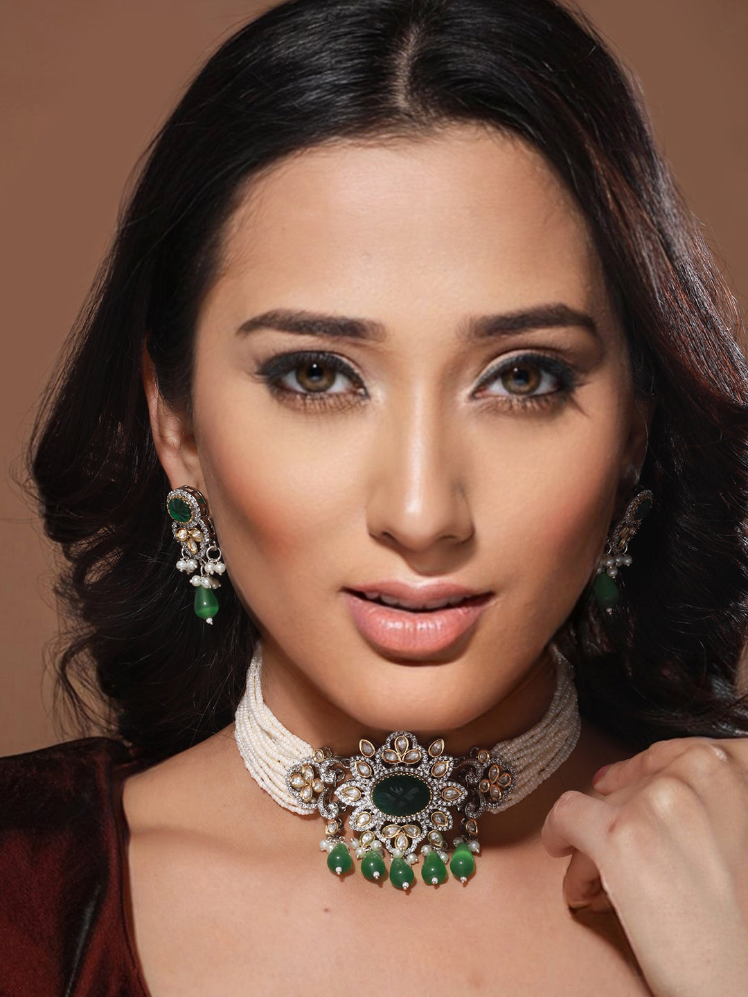 White & Green Studded Pearl Beaded Multistrand Handcrafted Choker Jewellery Set, zaveri pearls, sale price rs, sale price, sale gold plated, sale gold, sale, rubans, ring, regular price, priy